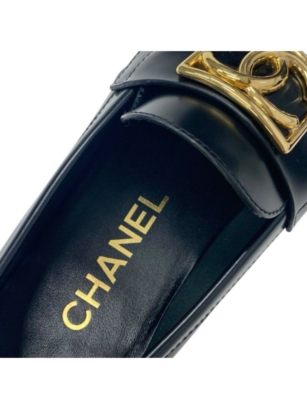 Chanel Loafers Shoes Leather Black White Gold Coco Mark Flat - Picture 8 of 11